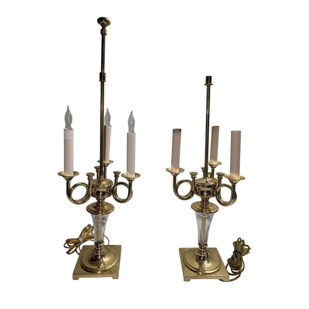 Waterford Overture Fine Cut Crystal and‎ Brass 3-Arm Table Lamp Pair Mint